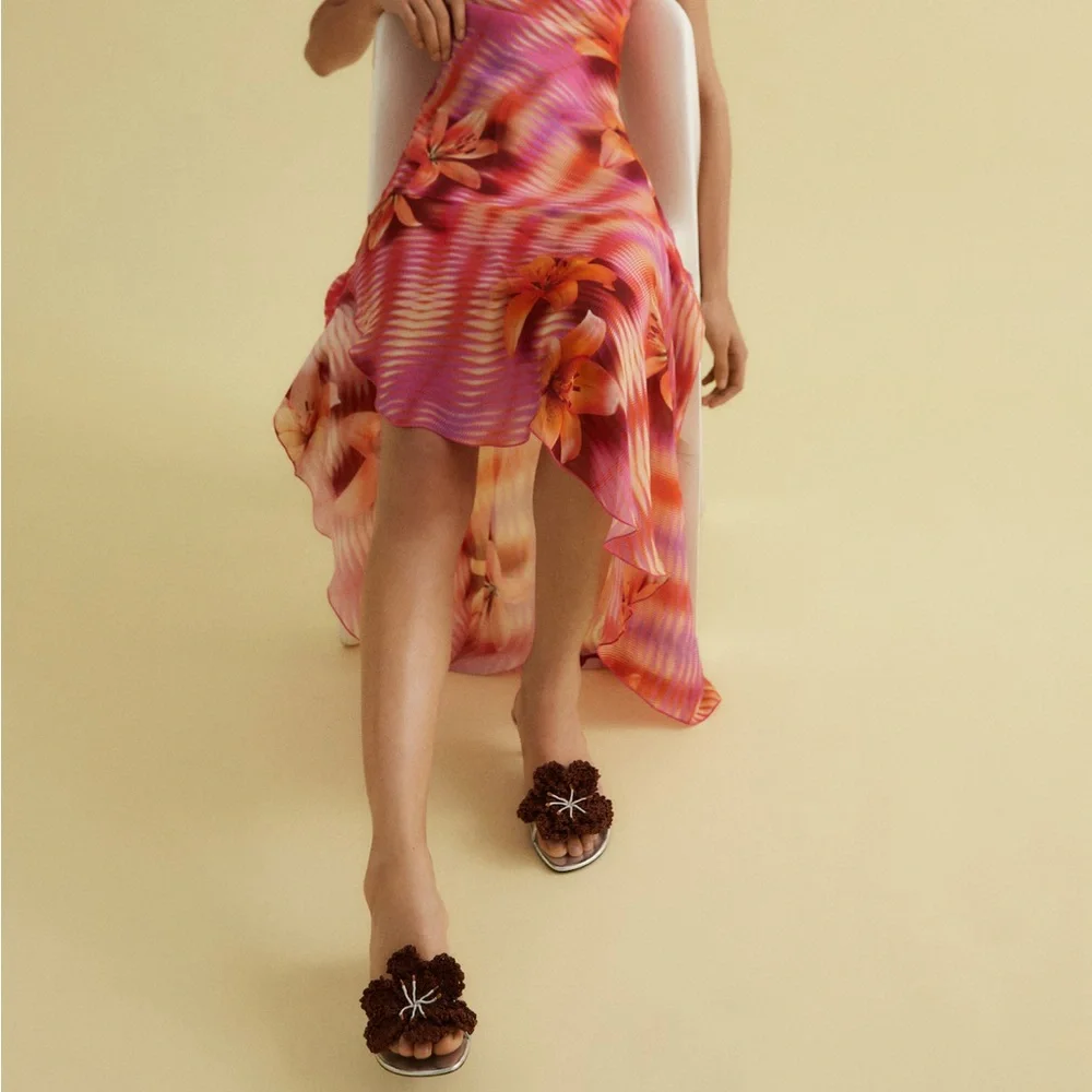 MANGO Leather Heeled Sandals with Flower